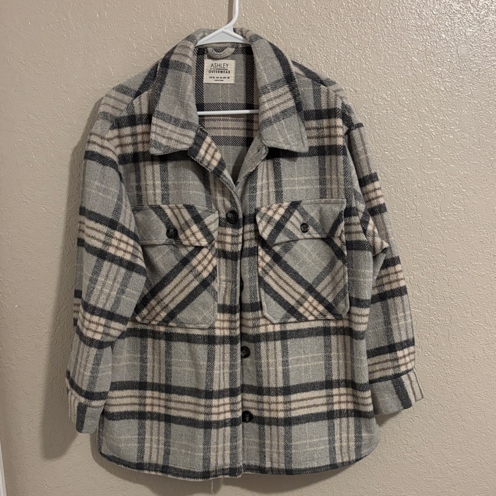 Ashley Stewart Women's Plaid Shirt Jacket - Black and Cream